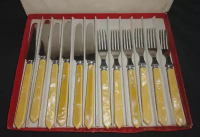 NOS Antique Celluloid Yellow Marble Handle Flatware ~ 12 Pc Stainless In Box • $48.50