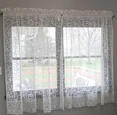 Vintage Lace Curtain Panels Cream Floral  Sheer Cottage Farmhouse Used • $30