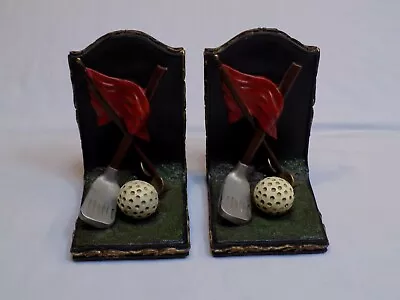 Home Designs Golf Club Ball Tee Putter Flag 2 Bookends Book Ends Set Pair Green • $29.99