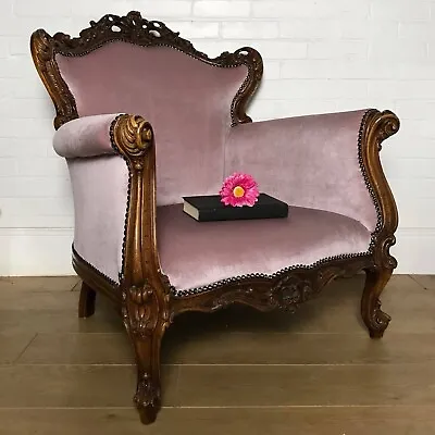 Louis Style Throne Armchair In Pale Pink Velvet • £545