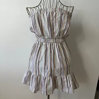 Minkpink Linen Blend Summer Dress Size XS Multicolor Striped Strapless Ruffle • $19.92