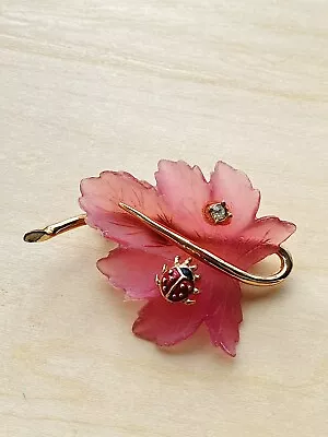 VTG Pink Lucite ? & Rhinestone Costume Jewelry Leaf Brooch W Lady Bug • $7.85