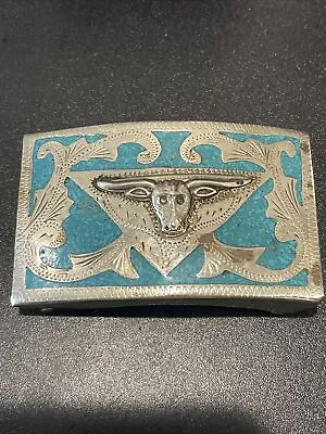 Vintage Alpaca Mexico Turquoise Inlay Longhorn Western Cowboy Belt Buckle • $17.88