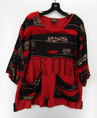 Belma Top Women One Size Red Black Afro Pullover Tunic Peasant Art To Wear Aztec • £23.65