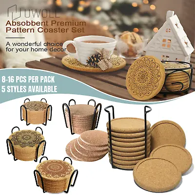 $10.40 • Buy Cork Coasters W/ Holder Drink Tea Coffee Absorbent Round Cup Pad Mat Table Decor