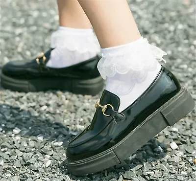 Women Teen Girls Pure White Ankle Ruffle Frilly Short Lace Dress Crew Socks  • $10.85