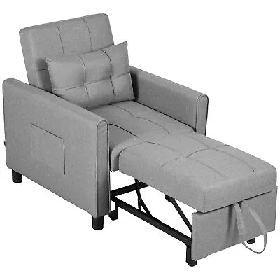 HOMCOM Pull Out Chair Bed Sleeper Chair With Pillow Side Pockets Light Grey • £199.99