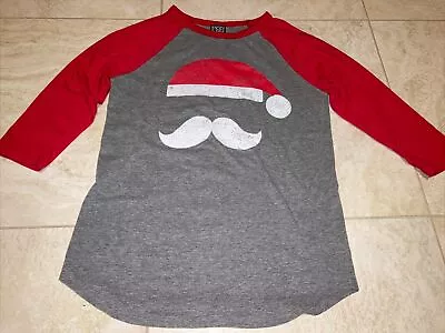 Womens Santa Claus Mustache Hat Gray Red Raglan Long Sleeve T-Shirt S Modern Lux • $9.99