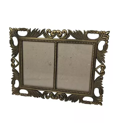 Vintage Ornate Brass Tone Wheat Hearts Double Picture Frame Self Standing • $20.99