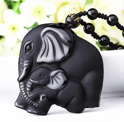 Men's Fashion Jewelry Frosted Black Stone Beaded Elephant Pendant Necklace 491 • $11.66