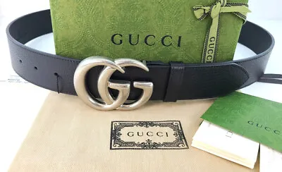 New Gucci Interlocking Silver G Buckle Black Crafted Leather Belt Size 100 • $319