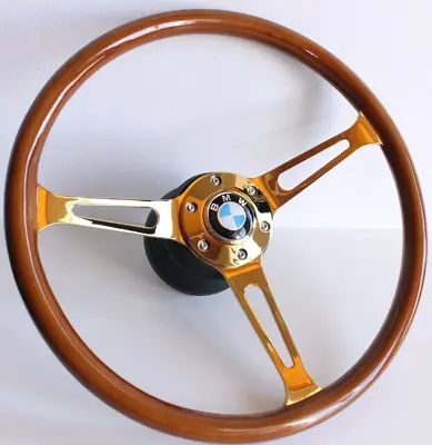 Steering Wheel Fits For BMW Vintage Wood Chrome Golden E24 E28 E30 E32 E34 86-92 • $235.66