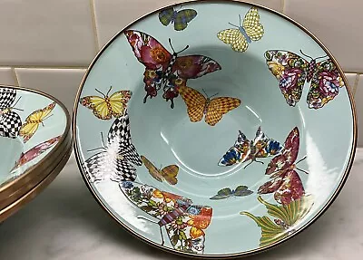 4 MacKenzie Childs Sky Blue Butterfly Garden Multicolor Courtly Check Soup Bowls • $335