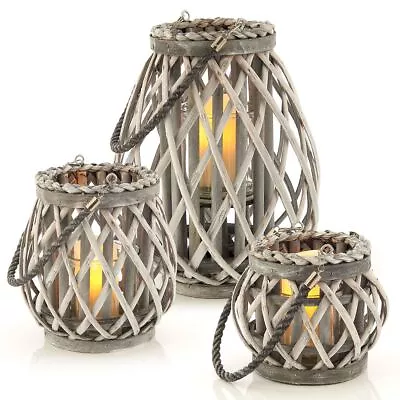 Wicker Willow  Candle Lantern Rope Basket Rustic Weave Natural Grey Hanging 3Pcs • £24.94