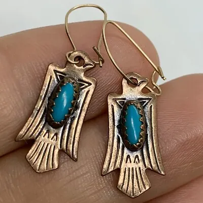Vtg Blue Turquoise Stone Solid Copper Tribal Bird Earrings Dangle • $13.56