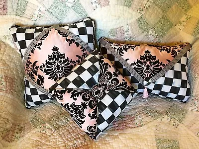 Pink Black Damask Grey Checker 3-Pillow Collection Mackenzie Childs Napkin • $186