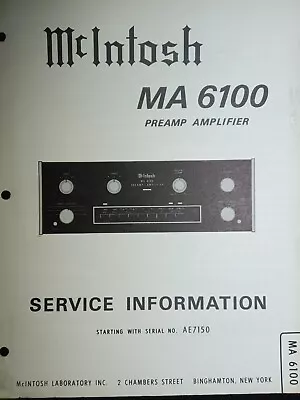 McIntosh MA-6100 Service Manual Preamp Amplifier Original Starting Serial AE7150 • $29.99