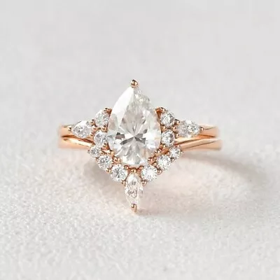 Pear Moissanite Engagement Ring Set Vintage Moissanite Ring Set . • $133.99