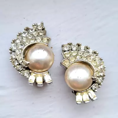 Vintage Clip On Earrings Silver White Rhinestone Pearl Cabochon Art Deco • $18.99