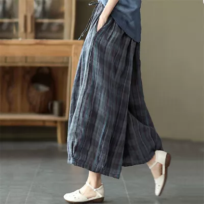 Women Linen Cotton Baggy Checked Pants Wide Leg Retro Elastic Waist Harem • $13.91