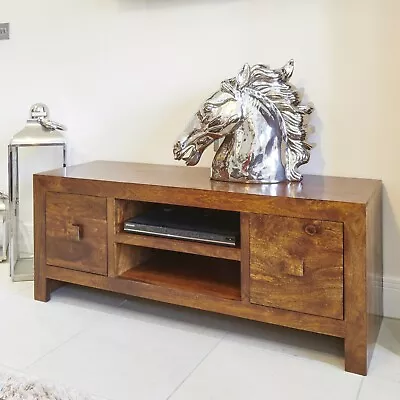 Solid Mango Wood Dakota 2 Drawer Media Unit New Indian Furniture • £359.95