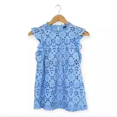 J. Crew Women Top Sky Blue Embroidered Eyelet Mock Neck Spring Top Size S • $29.99