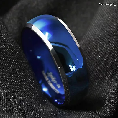 8mm Men's Tungsten Ring Blue Domed With Beveled Silver Edges Band ATOP Jewelry • $14.89