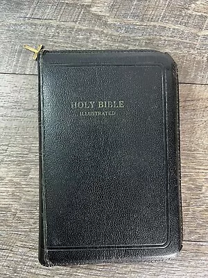 Vintage Holy Bible Illustrated Zip Up Leather W/ Cross World Publishing 1957 • $24.99