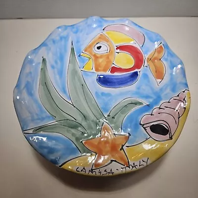 Serving Pedestal Plate  LA MUSA ITALIAN POTTERY Hand Painted Fish Scalloped Edge • $24.99