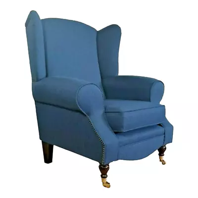 Queen Anne Wing Back Cottage Fireside Chair In Denim Blue  Herringbone + Cushion • £499