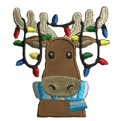 Christmas Moose Face Head Lights Antlers Iron On Patch • $3.99