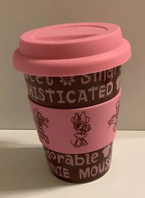 Disney Minnie Mouse Ceramic Coffee Tea Cup Pink & Brown Rubber Grip Lid Sweet • $18.97