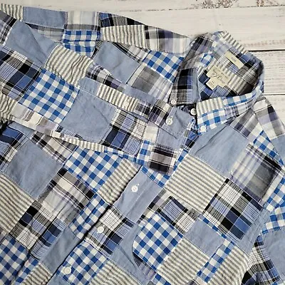J Crew Indian Madras Shirt Mens Medium Slim Fit Blue Plaid Long Sleeve Patchwork • $19.99