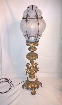 $189.95 • Buy Vtg LARGE 34  Hollywood Regency Cherub Lamp- Spelter/Marble & Blown Glass Shade