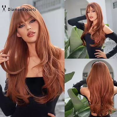 US Long Natural Wavy Orange Wigs For Women With Bangs Honey Brown Hair Daily Use • $18.35