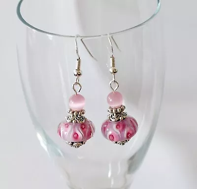 925 Sterling Silver Hook Murano Lampwork Dangle Drop Earrings Lavender Pink • $14.98