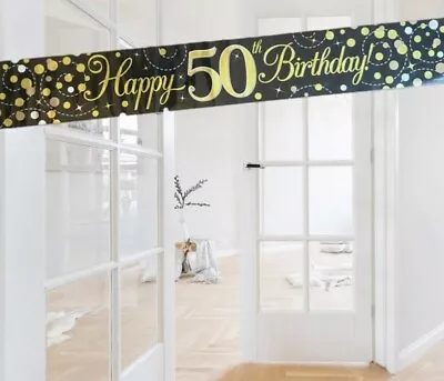 Happy 50th Birthday Black & Gold Themed Door/wall Party Banner. 50th Decorations • £2.79