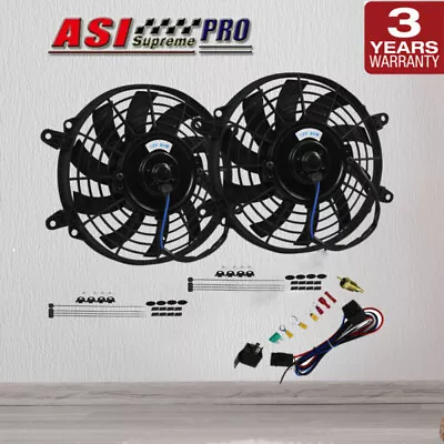 Pair 9  PULL PUSH RADIATOR ELECTRIC THERMO CUEVED BLADE FAN+MOUNTING+RELAY 90W • $96.88