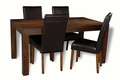 Solid Mango Wood 160cm Dining Table & 4 Leather Chairs New Indian Furniture  • £747.25