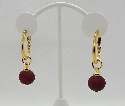 Vintage Pierced Earrings Gold Tone Red Beaded Drop Dangle Hoop 2  FREE SHIP • $16.99