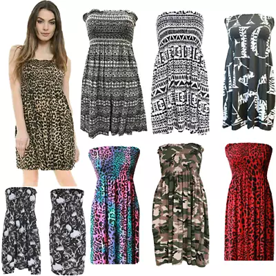 £7.99 • Buy Womens Printed Sheering Boob Tube Bandeau Gather Strapless Vest Mini Dress Tops