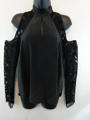 NICOLE MILLER Women Cold Shoulder Silk Blouse Sz Small Black New With Tags • $35.68