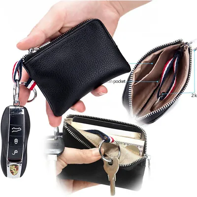 Soft Genuine Leather Coin Pouch For Men Womens Dual Rings Zipper Change Purse • $7.79