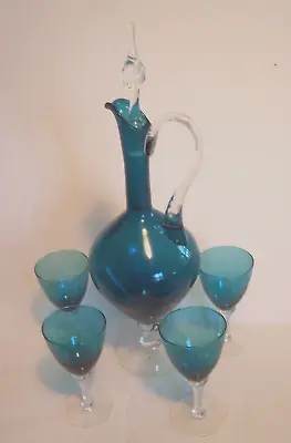 Vintage Teal Murano Glass Decanter With Clear Stopper And Four Wine Glasses MCM • $110