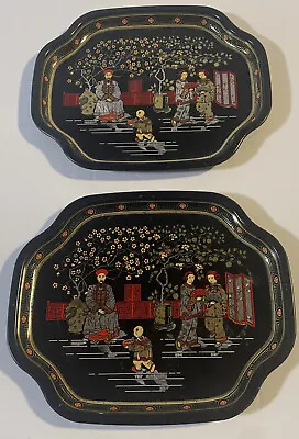 Set Of 2 Vintage Mini Metal Trays Asian Scene 7.5x6” Made In England • $8