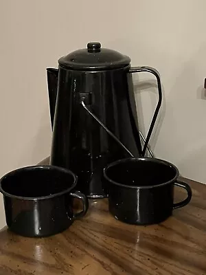 Vintage/Black Speckled Metal Coffee Pot W/ 2 Metal Cups/Camping Or Decorative • $21