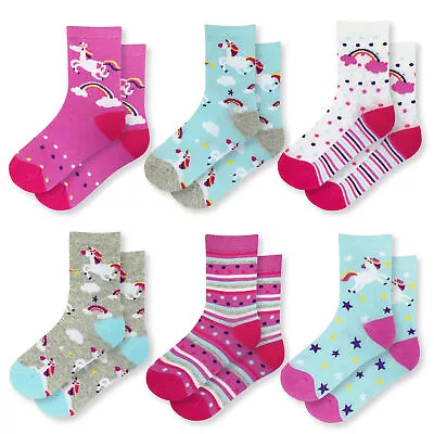 Girls Socks 6 Pack Design Unicorn Hearts Cotton Rich Panda Coloured Socks • £3.99