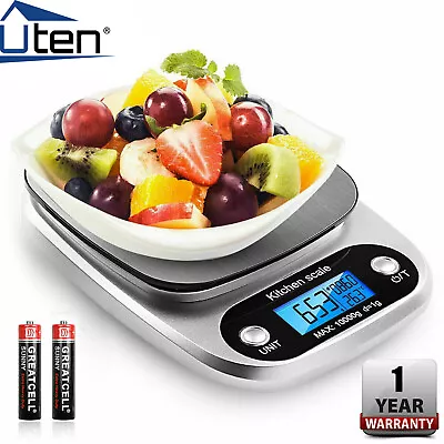 UTEN 10KG Silver Steel Digital Kitchen Scales LCD Cooking Food Weighing Scale • £10.99