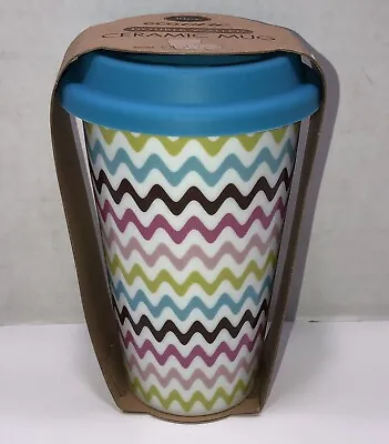 Travel Coffee Mug. ECO ONE Ceramic Double Wall Insulated 10oz. Colorful Zigzags. • $23.23