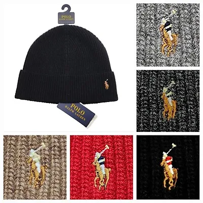 Polo Ralph Lauren Men’s Cuffed Beanie Wool Blend Knit Color Block Pony Hat New • $39.99